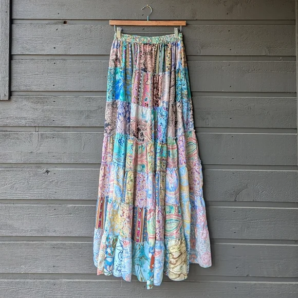 India Boutique Colorful Patchwork Lightweight Flowy Maxi Skirt Free Size - Picture 5 of 9